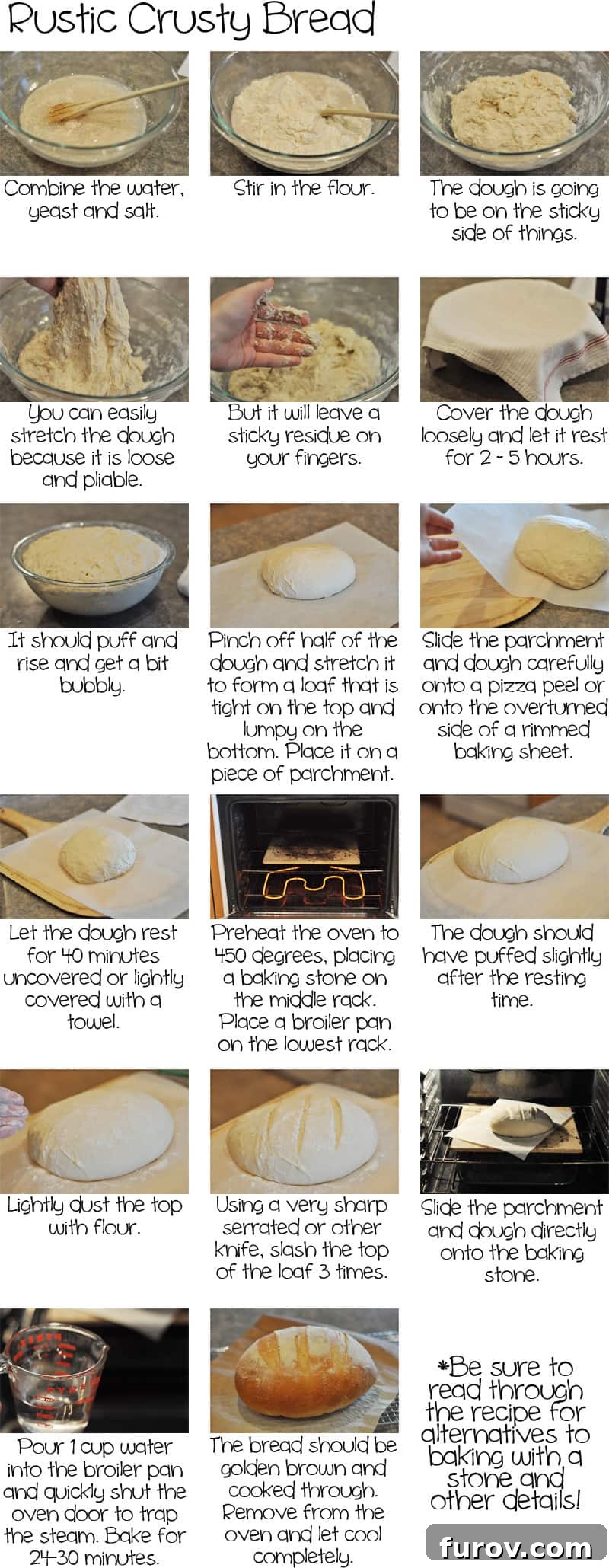 A comprehensive how-to tutorial for rustic bread, featuring step-by-step pictures and text instructions.