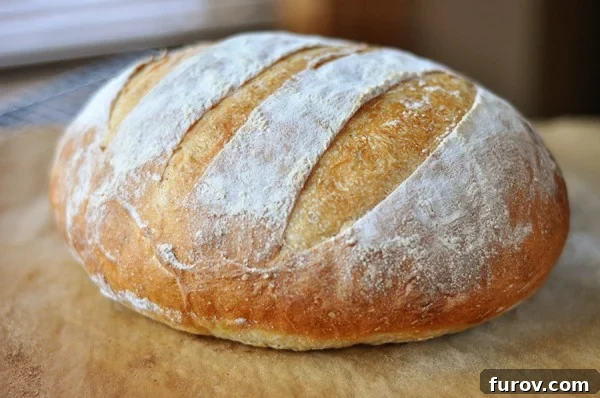 A beautifully baked loaf of freshly baked rustic crusty bread, lightly dusted with flour, resting on a wooden cutting board.