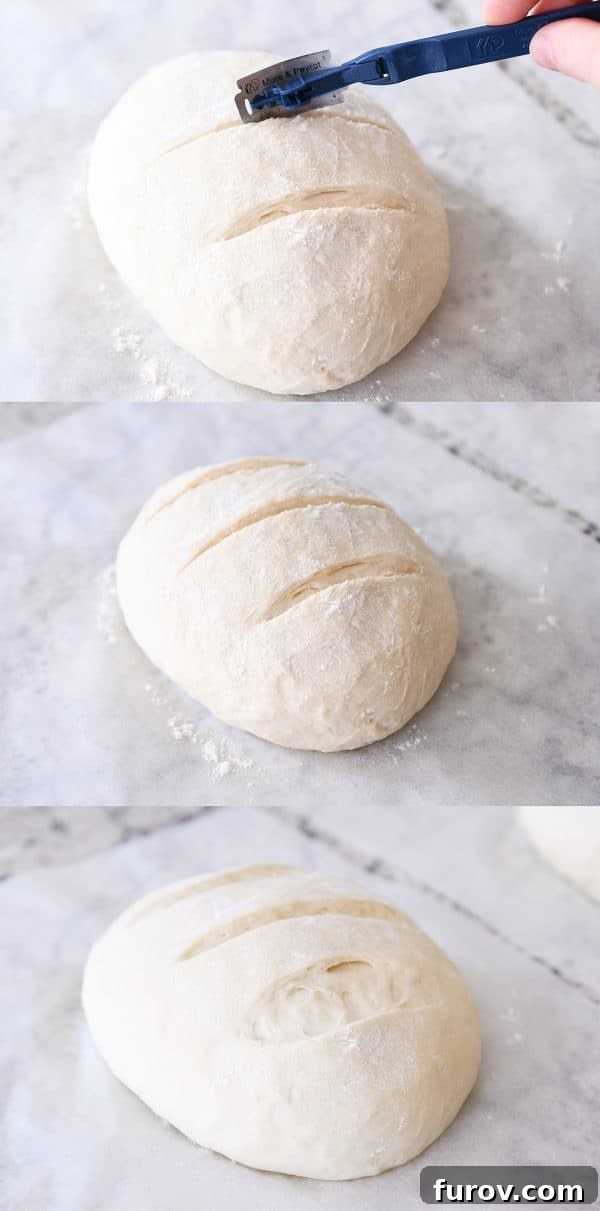 Demonstration of how to slash the top of a rustic crusty bread loaf with a baker's lame for even expansion.