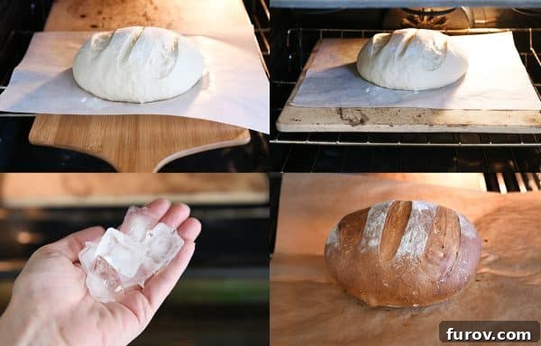 Collage showing the baking process: bread sliding onto a baking stone and using ice cubes to create steam in the oven.