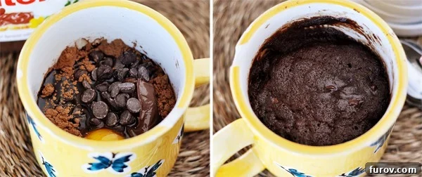 Side by side picture of two mugs, the left one with Nutella mug cake ingredients and the right side with the cooked Nutella cake. This image showcases the simplicity of preparation and the delicious final product.