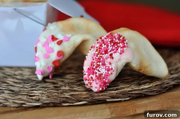 Two homemade fortune cookies half dipped in festive Valentine's sprinkles, presented in front of a white container.