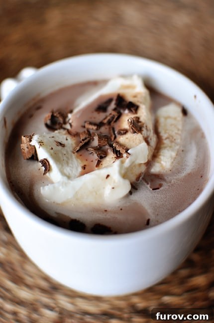 Top view of a white mug full of hot chocolate topped with generous whipped cream and delicate bits of shaved chocolate, inviting warmth.