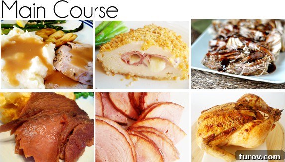 Easter Main Course Collage: Roasted Pork, Chicken Cordon Bleu, Glazed Ham, Honey Roast Chicken