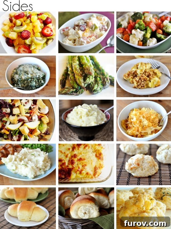 Easter Side Dish Collage: Fruit Salads, Roasted Vegetables, Gratin, Mashed Potatoes, Biscuits