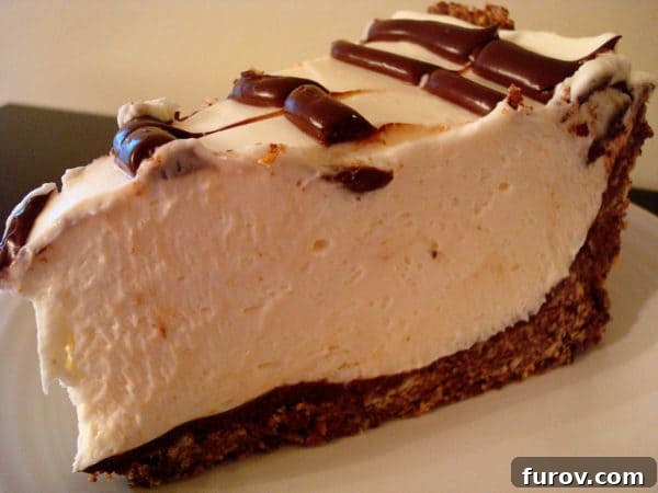 A perfectly sliced piece of no-bake spiderweb cheesecake on a white plate, showcasing the distinct layers and creamy texture.
