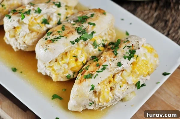 Apple Stuffed Chicken Breasts on a white platter, garnished with fresh herbs, ready to be served.
