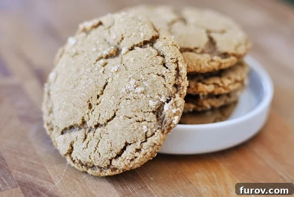 Four golden-brown ginger crinkle cookies expertly stacked in a white ramekin, with an additional cookie leaning against the side, inviting you to grab one.