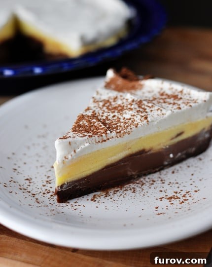 Dark Chocolate Silk Pie 4 A vertical shot of a slice of Black Bottom Pudding Pie, highlighting the thick chocolate crust, creamy pudding, and whipped topping.