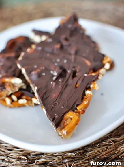 Pieces of salted chocolate toffee pretzel bark arranged on a white plate, showcasing the layers of pretzel, toffee, and chocolate.