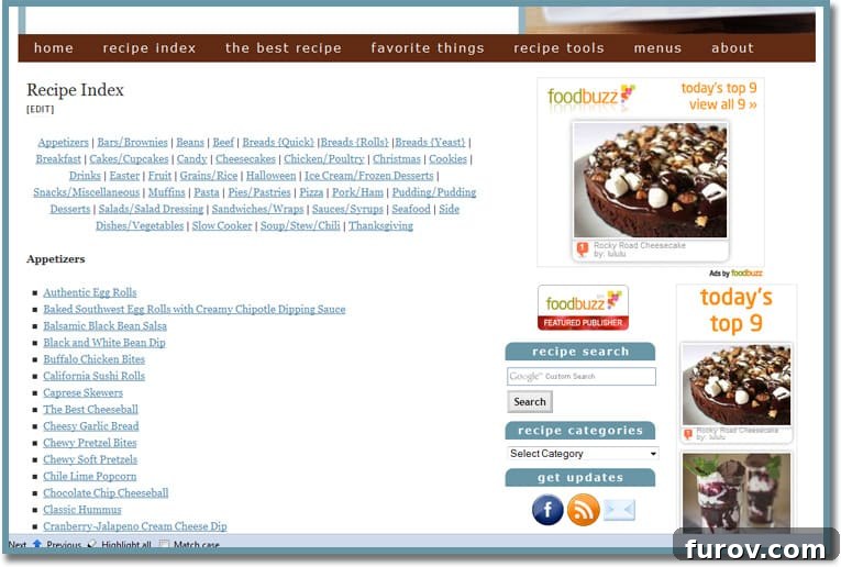 Screenshot showing a specific category within the Recipe Index, displaying a filtered list of recipes with titles and images.