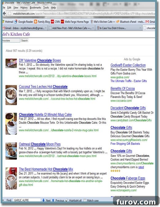Screenshot displaying search results for 'chocolate', showing multiple recipes containing the keyword with titles and images.