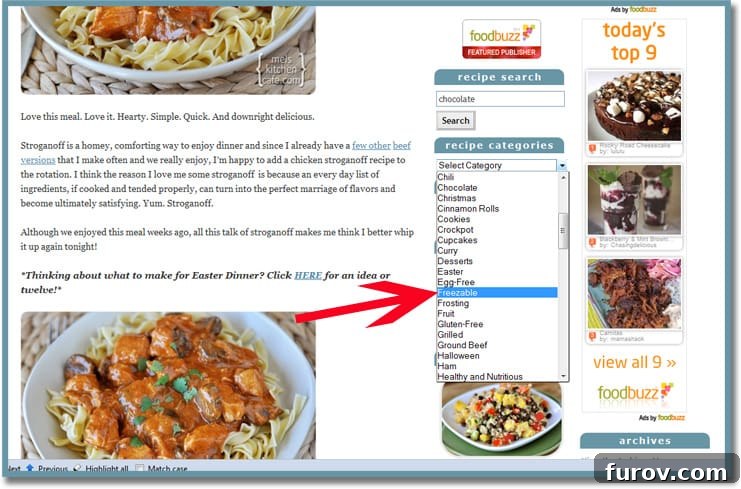 Screenshot of the website's sidebar showing a dropdown menu for Recipe Categories, highlighting specialized options like 'Take-In Meals' and 'Freezable'.