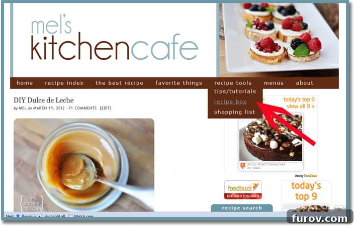 Screenshot of the main menu bar, showing the 'Recipe Tools' link and the dropdown menu revealing 'Recipe Box' and 'Shopping List'.