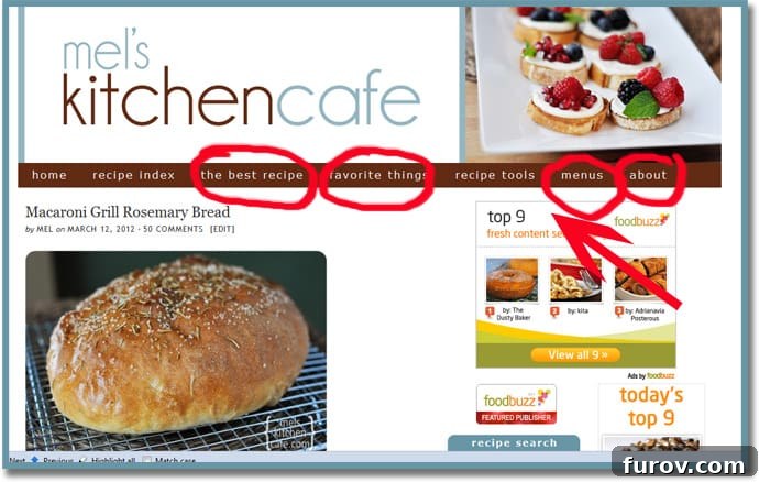 Screenshot of the main navigation menu, highlighting various links like 'The Best Recipe', 'Favorite Things', 'Menus', and 'About'.