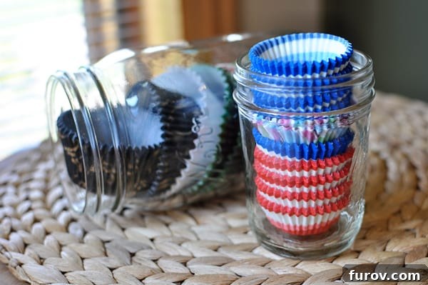 Mel's Smart Muffin Cup Hacks 3 glass mason jars full of muffin cup liners