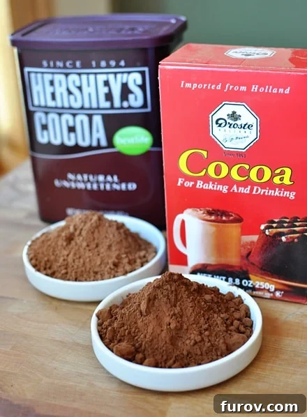 two containers of baking cocoa with a sample of each in white bowls in front of the containers
