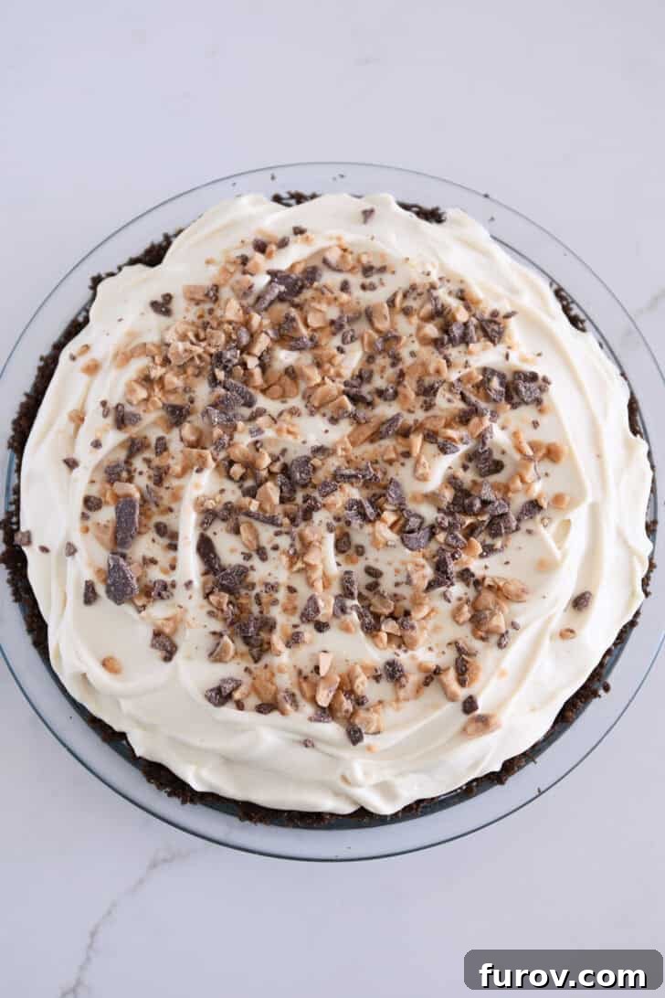 The final touch: a generous scattering of glistening chocolate-covered toffee bits sprinkled across the pristine white whipped cream, adding texture and sparkle.