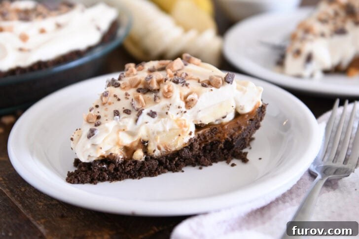 A perfectly cut slice of Banoffee Pie on a white plate, revealing distinct layers of dark chocolate crust, golden dulce de leche, vibrant banana slices, and fluffy white whipped cream, crowned with toffee bits.