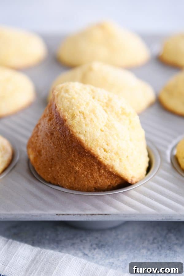 Baked cornbread muffin in pan.