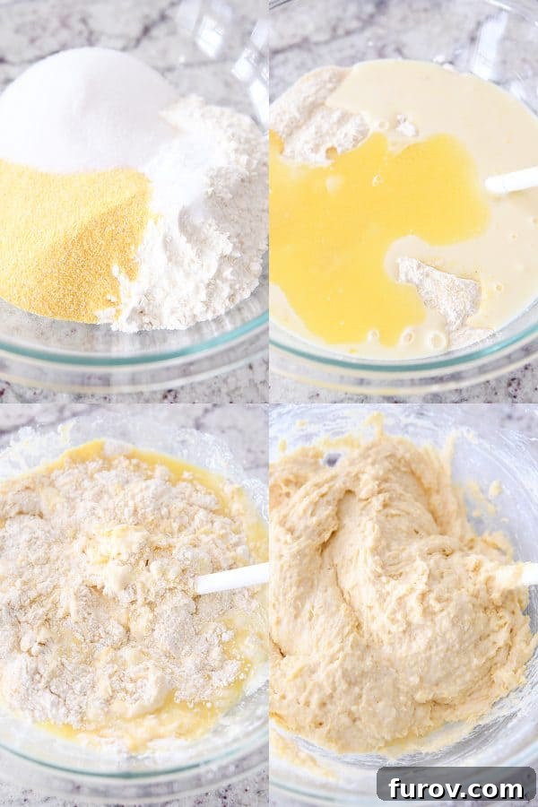 Mixing batter for the best cornbread muffins.