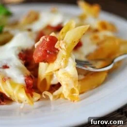 A smaller image of the baked cheesy pasta for the recipe card.