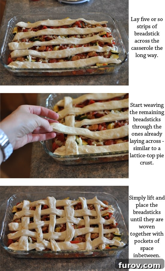 A step-by-step visual guide showing how to assemble a breadstick pizza casserole, including preparing the sauce, layering cheese, and arranging breadsticks in a lattice.