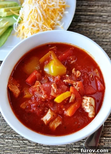 Top view of a white bowl filled with rich, savory red chicken chili, perfectly garnished and ready to enjoy.