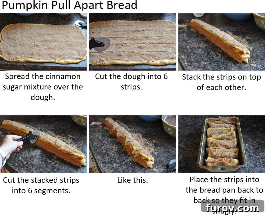 A visual guide showing step-by-step how to prepare pumpkin pull-apart bread: dough rolling, filling application, cutting into strips, stacking, and arranging in the loaf pan for optimal layering.