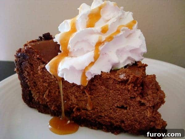 A delectable slice of chocolate caramel cheesecake, garnished with a swirl of whipped cream and a generous drizzle of golden caramel sauce.