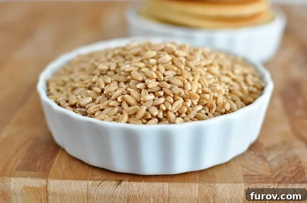 Blender Brilliance: Wholesome Whole Wheat Pancakes 3 A white ramekin full of wheat berries.