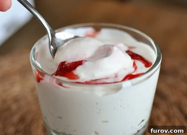 A glass goblet of rich, homemade yogurt with a beautiful raspberry swirl and a spoon nestled inside.