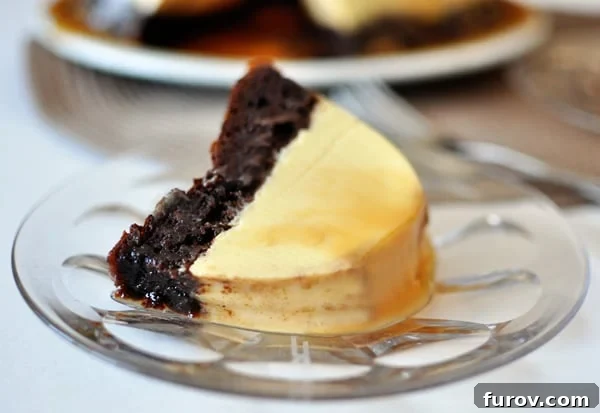 The Impossible Cake 3 A perfectly portioned slice of Chocoflan showcasing its distinct chocolate and flan layers.