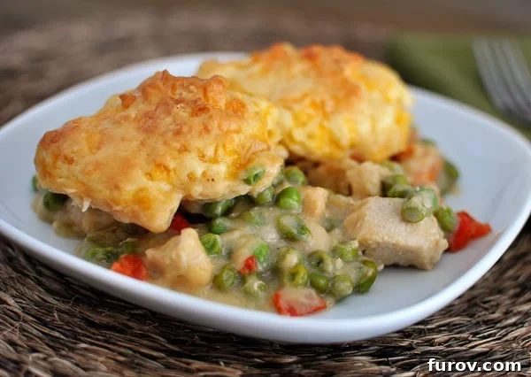 A white plate displaying a close-up of the chicken and vegetable filling generously crowned with a fluffy cheddar biscuit topping.