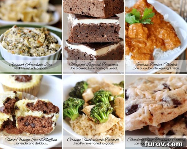 MelsKitchenCafe: 6 Hand-Picked Favorite Recipes - Spinach Artichoke Dip, Layered Brownies, Butter Chicken, Orange Muffins, Orange Chicken, Chocolate Chip Cookies