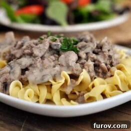 Ground Beef Stroganoff on egg noodles
