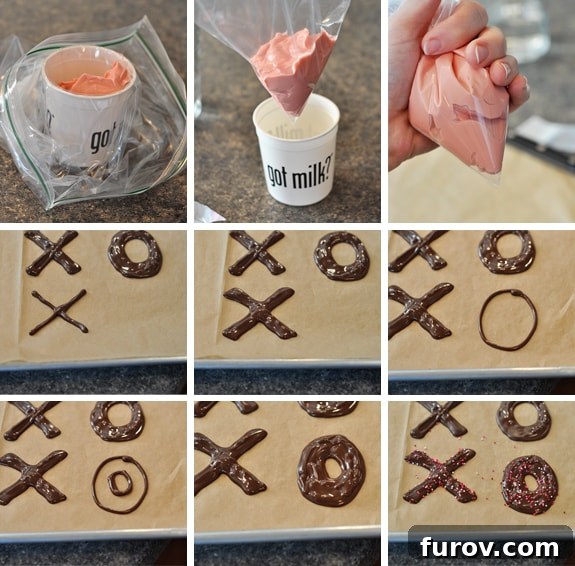 Collate of pictures demonstrating how to make chocolate X's and O's with step-by-step visuals for easy replication.