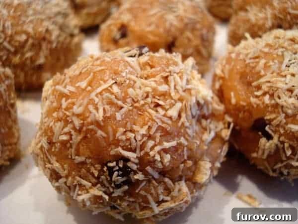 Peanut butter chocolate chip balls on a white plate, showcasing their inviting texture and easy portability.