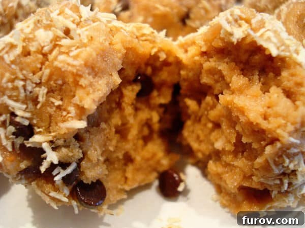 A Peanut Butter Chocolate Chip Snack Ball split in half, revealing its textured interior of cereals and chocolate chips.