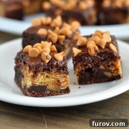 A top-down view of square butterscotch brownie bars topped with chocolate satin frosting and butterscotch chips.