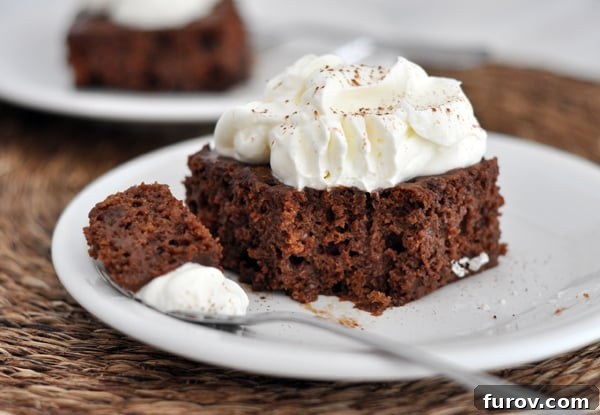 A glorious slice of chocolate tres leches cake, topped with a generous dollop of whipped cream, with a bite taken out, revealing its moist, rich interior.