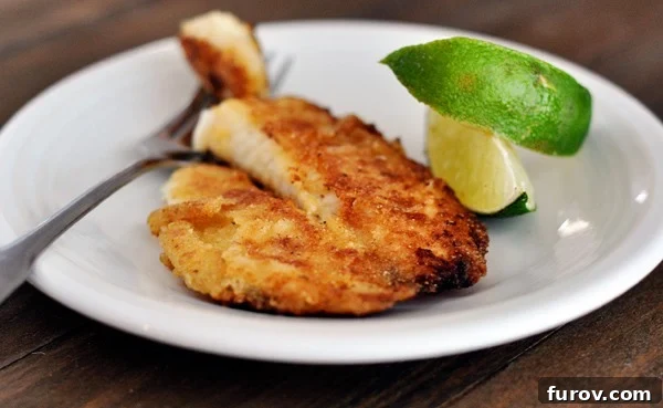 A baked tilapia fillet on a white plate, with lime slices on the side. Golden brown and perfectly cooked.