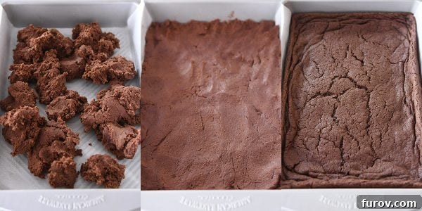 Ebony and Ivory Cheesecake Brownies 6 Pressing brownie batter into 9X13-inch pan.