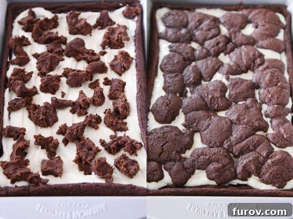 Ebony and Ivory Cheesecake Brownies 7 Side by side of unbaked and baked pans of black and white cheesecake brownies.