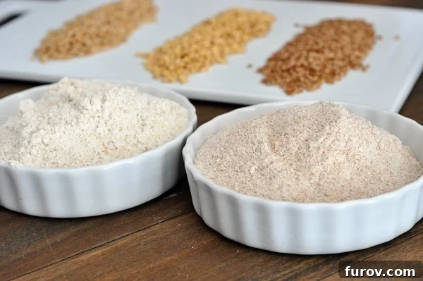 Wheat Grinding 101: From Grain Types to Sourcing and Culinary Applications 8 two small white bowls of ground wheat with wheat kernels on a platter behind it