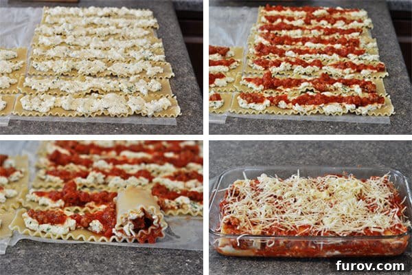 Collage of step-by-step photos showing lasagna rolls being assembled.