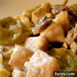 Close-up of the delicious Chicken Tortellini Bake, highlighting the pasta and golden cheese topping.