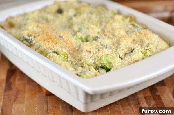 A golden-brown, bubbling cheesy broccoli and rice casserole fresh from the oven, served in a classic white baking dish.