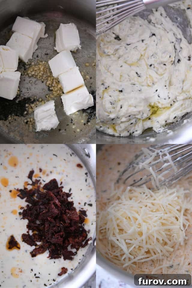 Velvety Tuscan Pasta Sauce Ready in 20 Minutes 3 Preparing creamy Tuscan pasta sauce, combining cream cheese, garlic, butter, basil, sun-dried tomatoes, and Parmesan cheese.