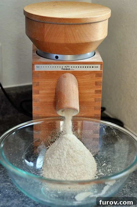 The Essential Guide to Wheat Grinders: 60+ Top Models Reviewed 6 A wheat grinder actively milling wheat, with fresh flour collecting in a clear glass bowl beneath.